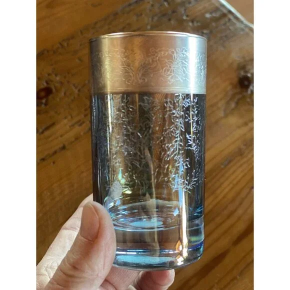 Vetri di Firenze Vtg Etched Colored Glass Etched Silver Top Rim Cordials Italian